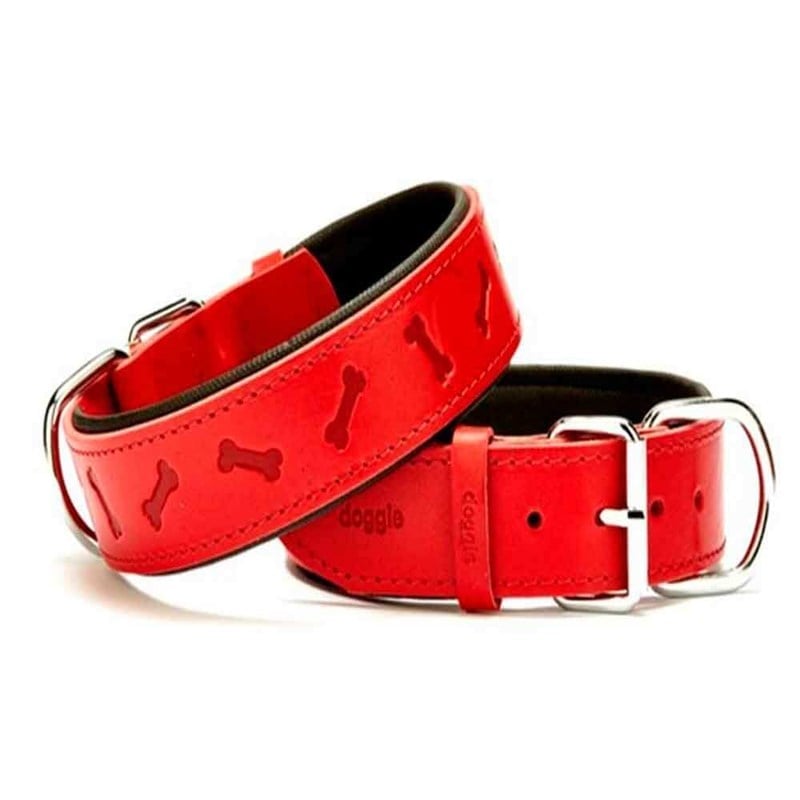 Doggie Comfort Kemik Desenli Deri Boyun Tasması Kırmızı SBT-4035