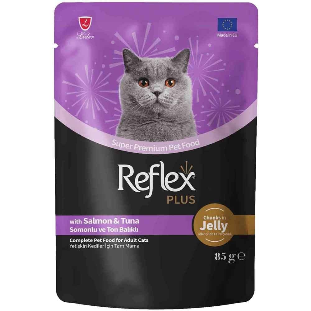 Reflex Plus Jöle İçinde Et Parçacıklı Somonlu ve Ton Balıklı Kedi Konservesi 85gr