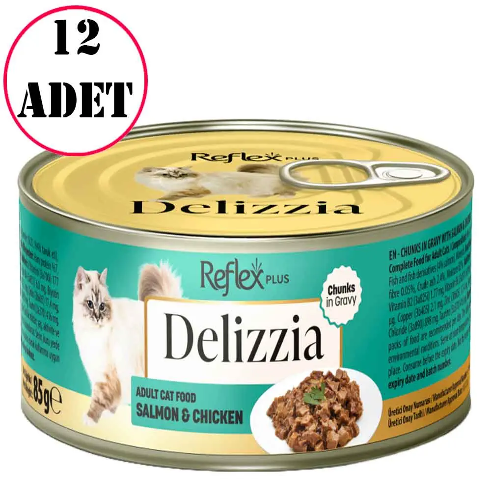 Reflex Plus Delizzia Soslu Somonlu ve Tavuklu Parça Etli Kedi Konservesi 85 Gr 12 Ad