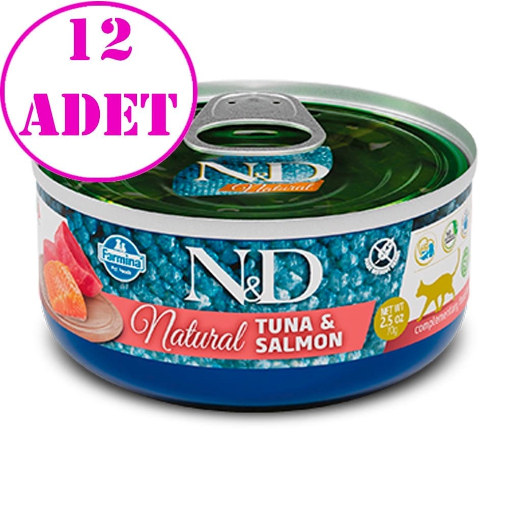 N&D Natural Tuna Ve Somon Balıklı Yetişkin Kedi Konservesi 70 Gr 12 AD