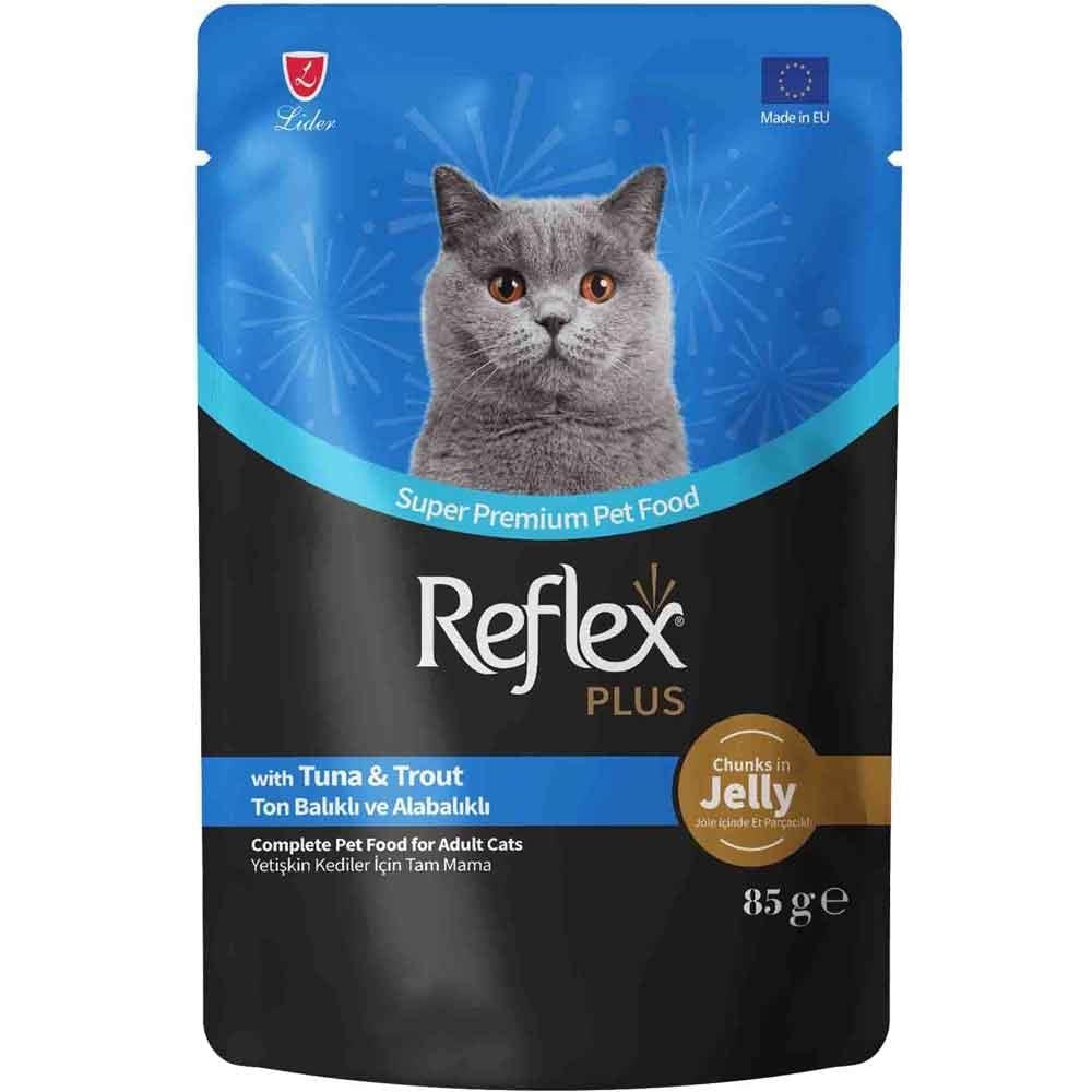 Reflex Plus Jöle İçinde Et Parçacıklı Ton Balıklı ve Alabalıklı Kedi Konservesi 85 Gr