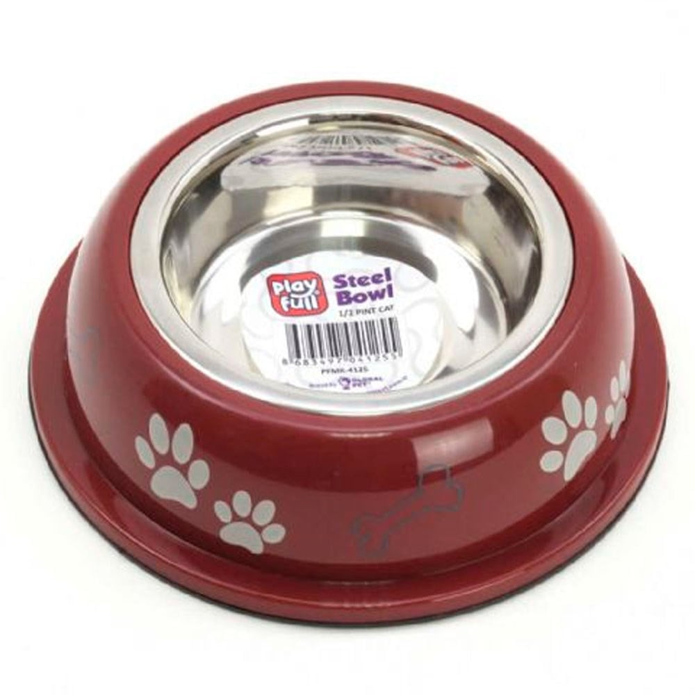 Playfull Pati ve Kemik Desenli Plastik Çerçeve İçinde Çelik Mama ve Su Kabı Kauçuk Tabanlı 1/2 Pint Cat PFMK-4125