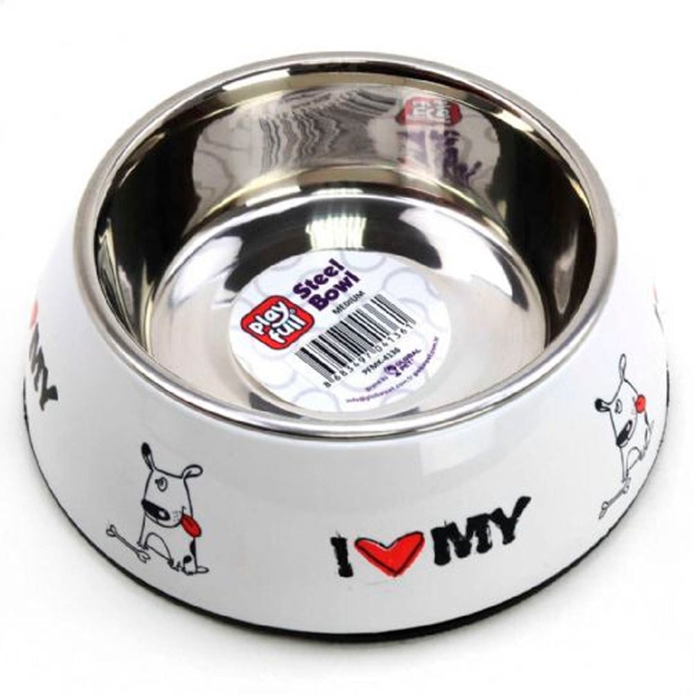 Playfull Desenli Beyaz Plastik Çerçeve İçinde Çelik Mama ve Su Kabı Kauçuk Tabanlı Medium PFMK-4136