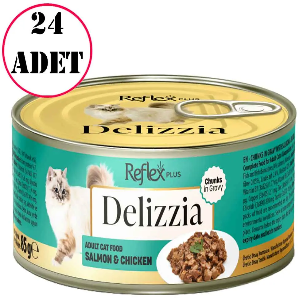 Reflex Plus Delizzia Soslu Somonlu ve Tavuklu Parça Etli Kedi Konservesi 85 Gr 24 Ad