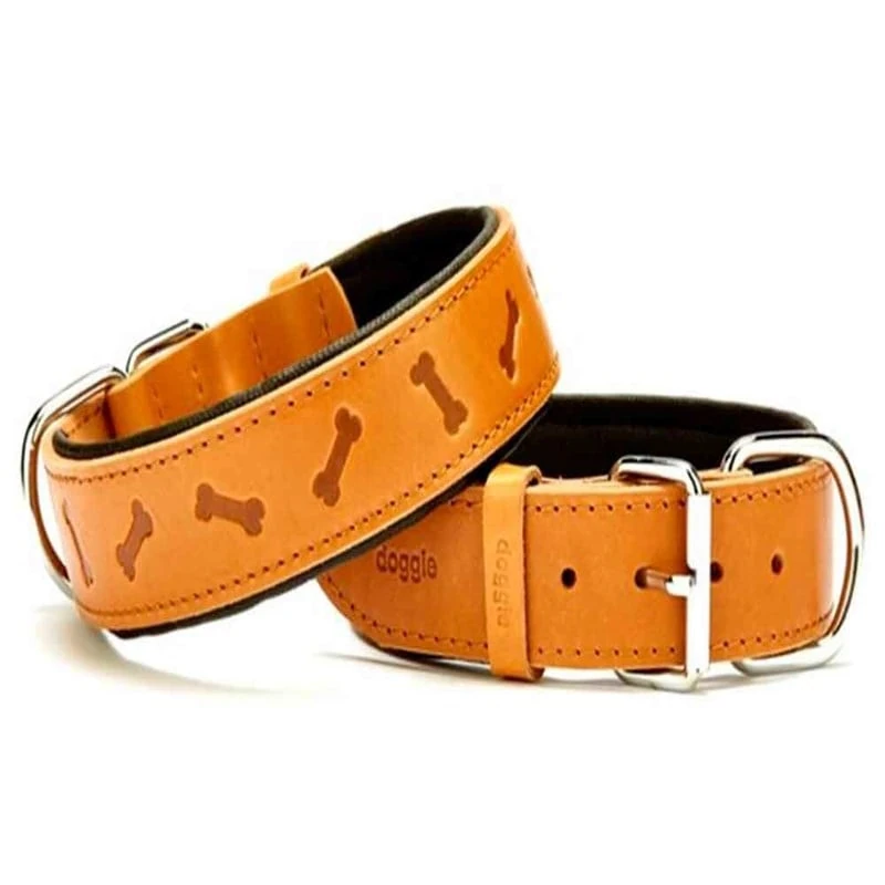 Doggie Comfort Kemik Desenli Deri Boyun Tasması Kamel SBT-4035