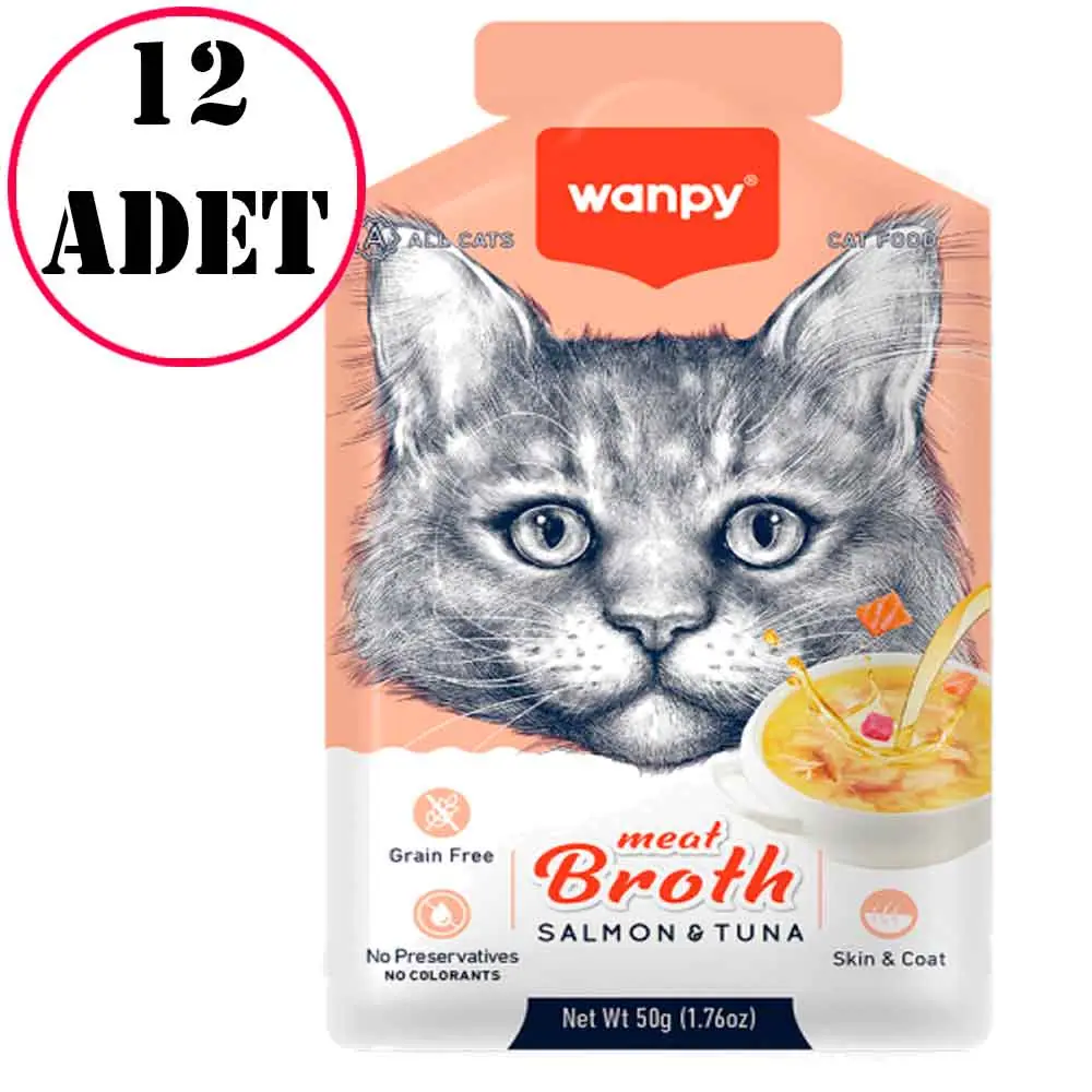 Wanpy Somonlu ve Ton Balıklı Tahılsız Kedi Çorbası 50 Gr 12 Ad