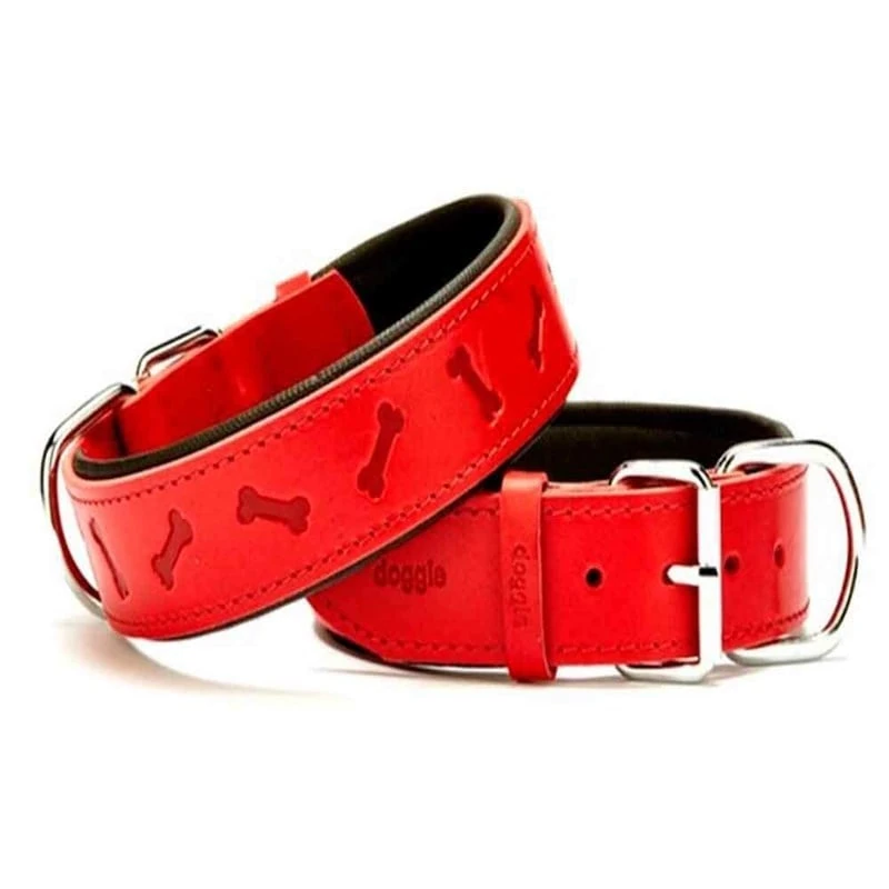 Doggie Comfort Kemik Desenli Deri Boyun Tasması Kırmızı SBT-3535