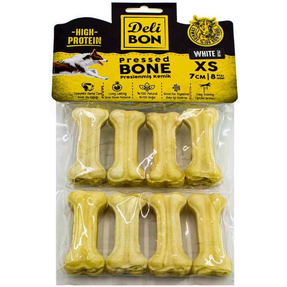DeliBon Deri Press Köpek Kemik 7Cm Xs Boy 8Li Paket Beyaz