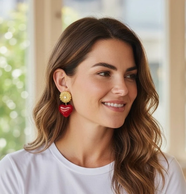 Scarlet Love Kırmızı Murano Kalp Detaylı Küpe 