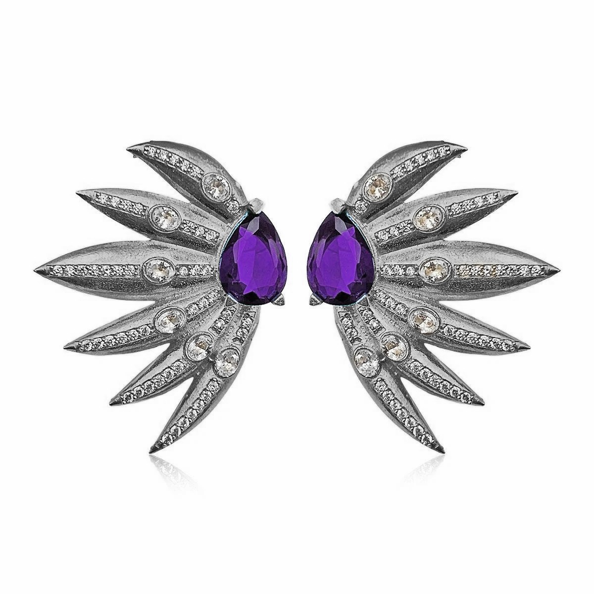 Wings Gümüş Mor Zirkon Taşlı El Yapımı Küpe