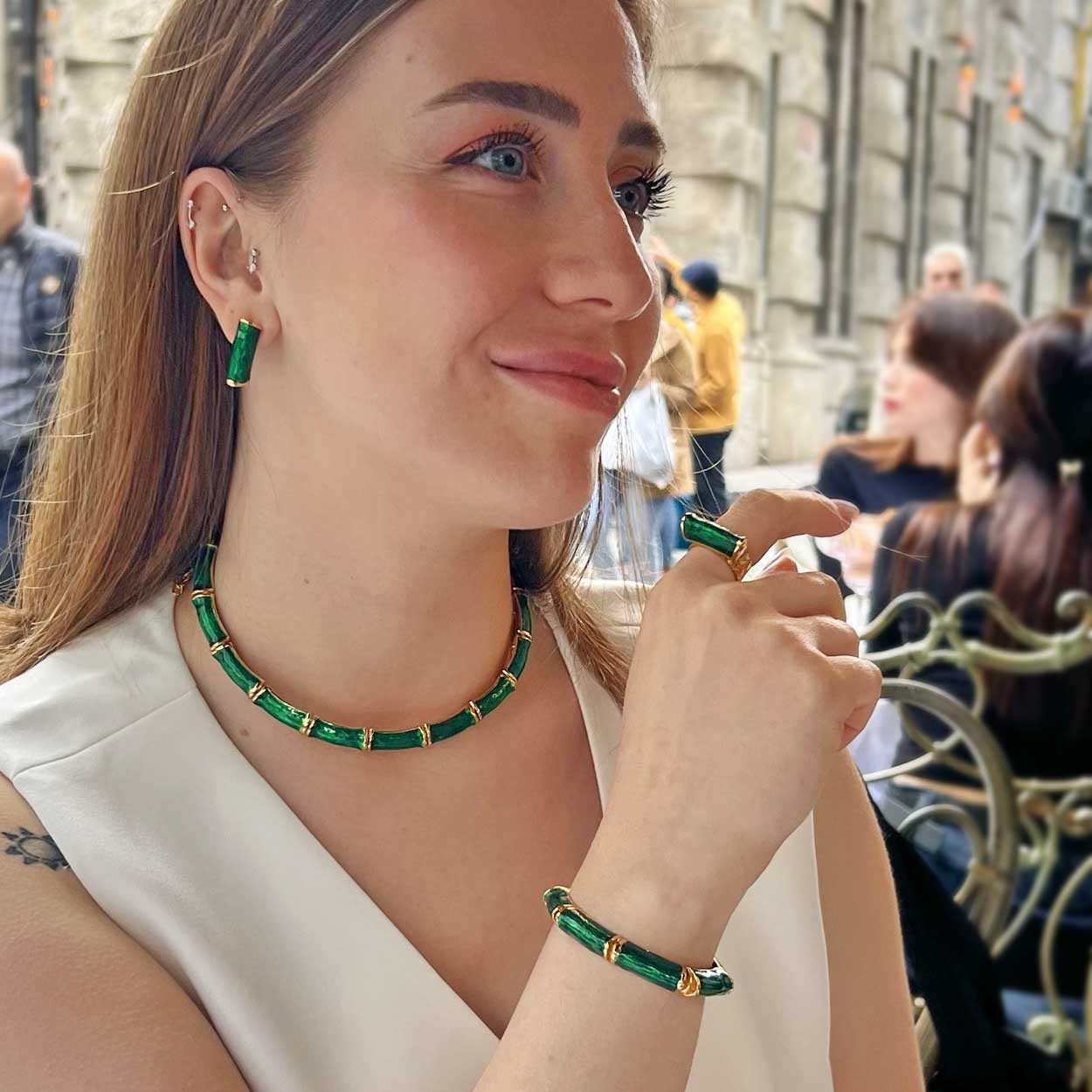 Bamboo Yeşil Mineli Gerdanlık, Bileklik, Yüzük ve Küpe Seti