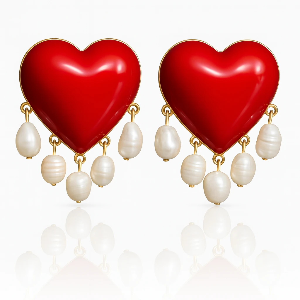 Jolaveria Kırmızı Mineli Doğal İnci Detaylı Küpe