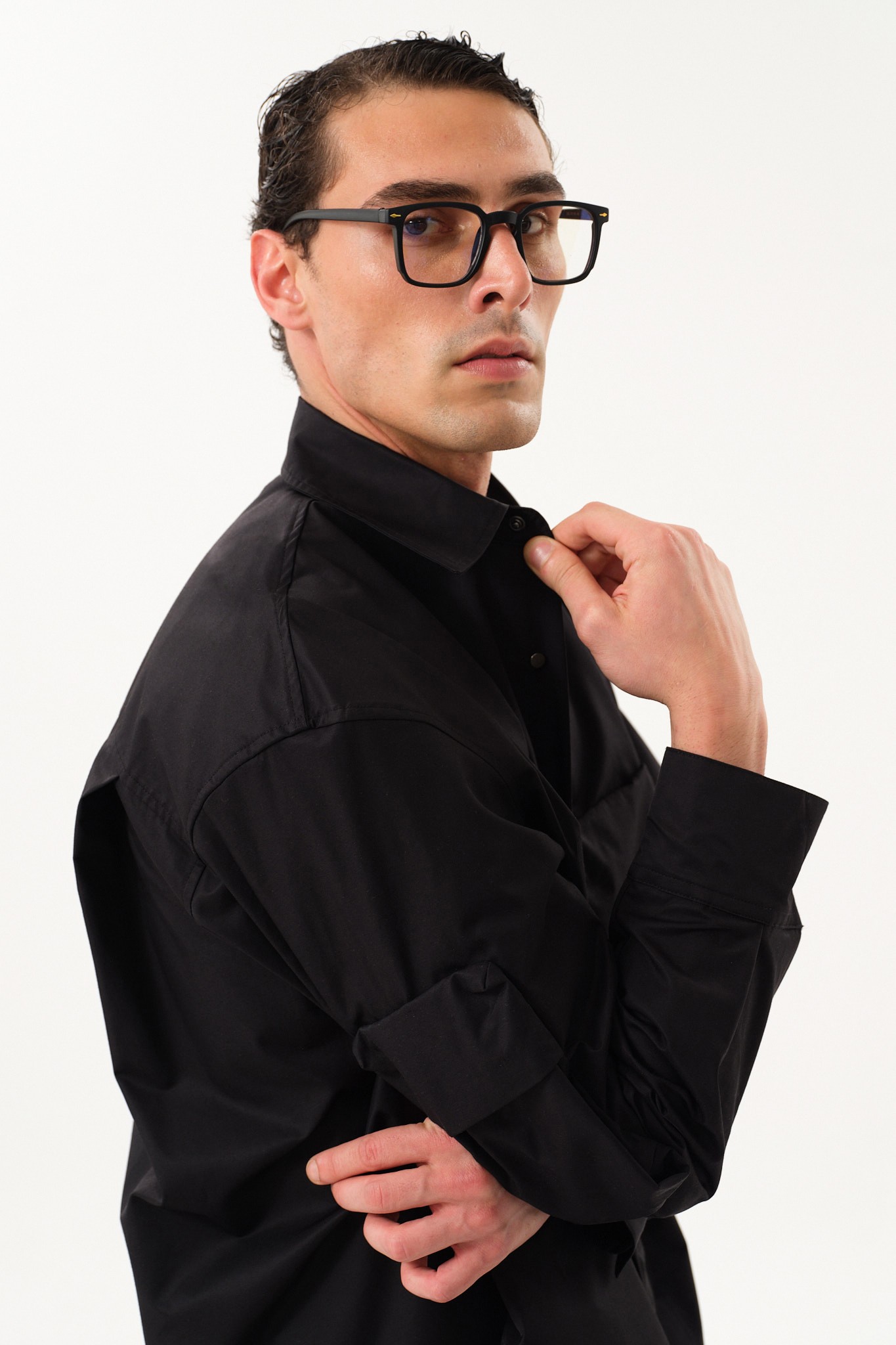 Snap Button Oversized Shirt Jacket with Pocket Detail - Black