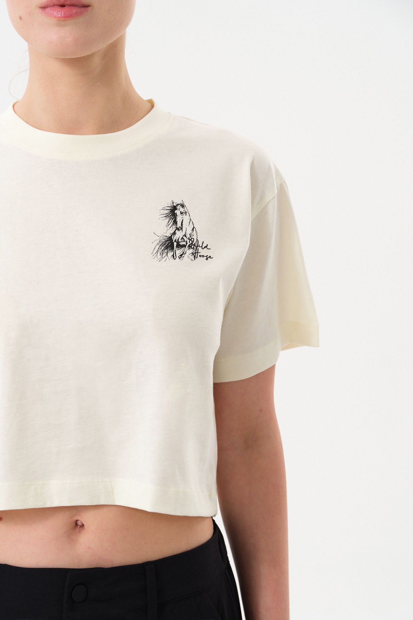 Kadın Crop Baskılı Bisiklet Yaka T-Shirt - Ecru
