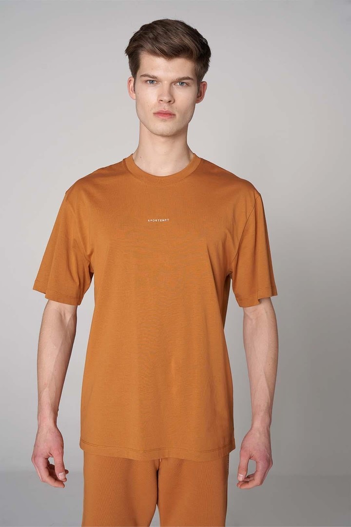 Ön Sportempt Nakış Detaylı Oversized Tişört - Hardal