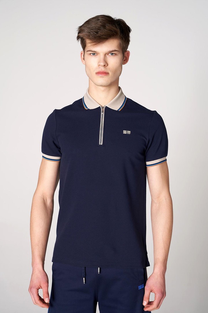 Polo Yaka Fermuarlı Erkek Pamuk T-shirt - Lacivert