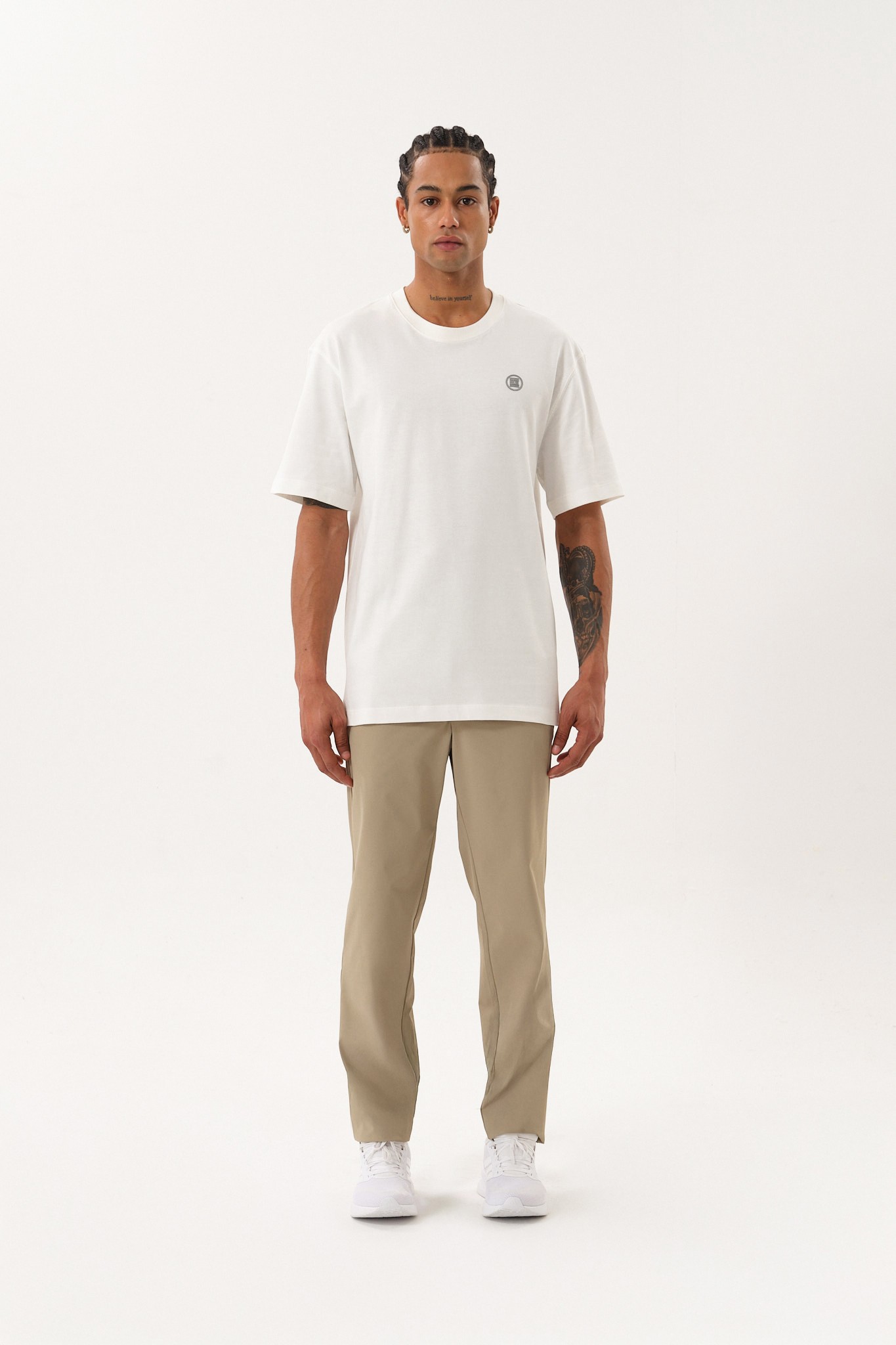 Erkek Oversize Bisiklet Yaka T-Shirt - Ecru