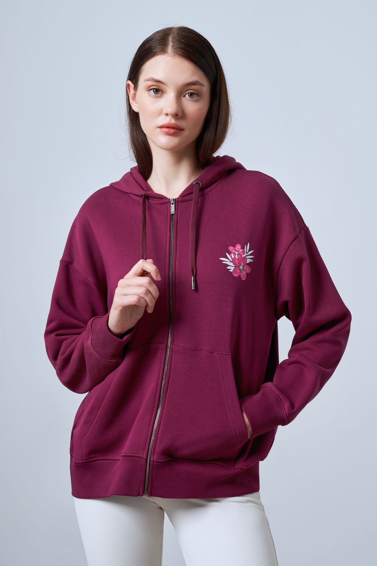 Women's Zip-Up Hooded Sweatshirt with Floral Print Details