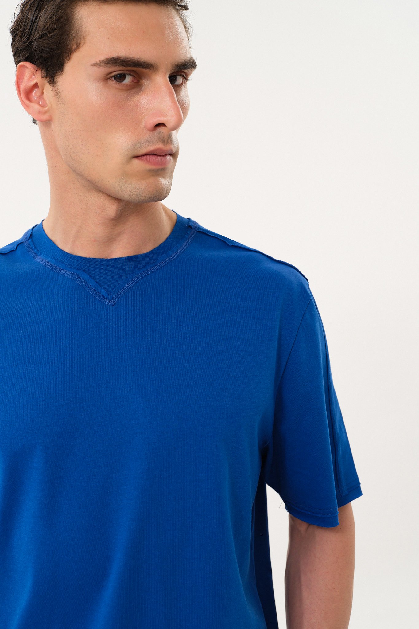 Eskitme Detaylı Erkek Oversize Bisiklet Yaka T-Shirt - Saks