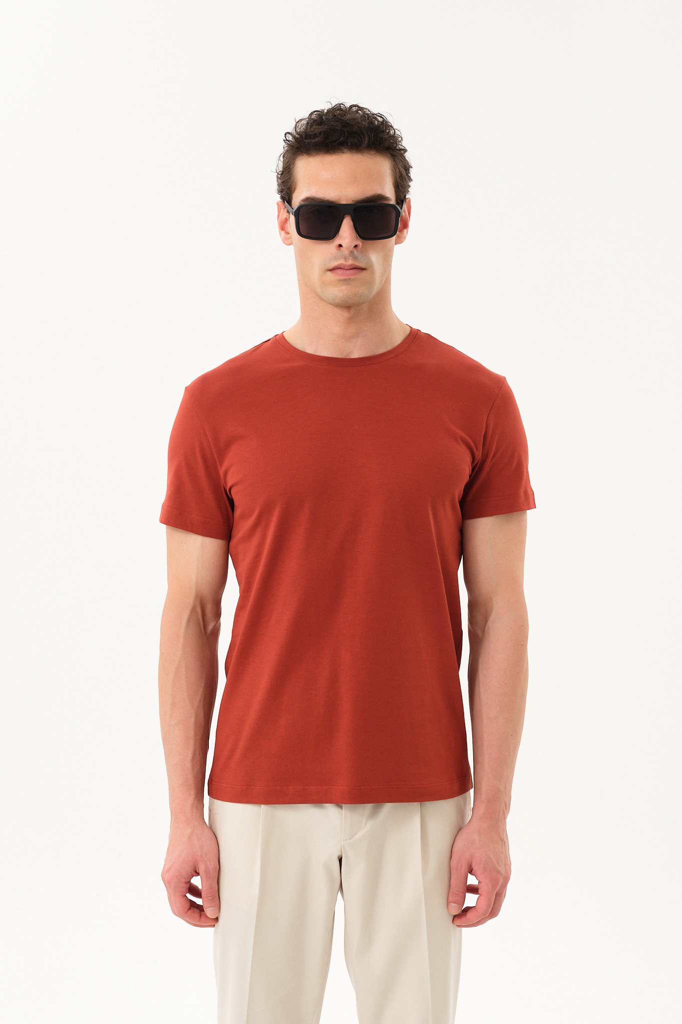 Erkek Slim Fit Bisiklet Yaka T-Shirt - Kiremit