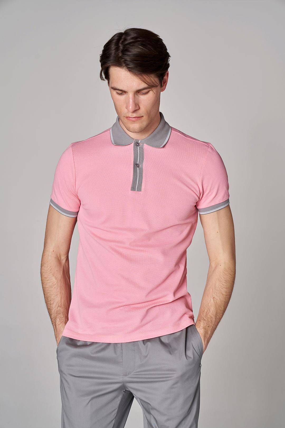 Yaka Ve Kol Detaylı Modern Fit Polo Yaka - Pembe