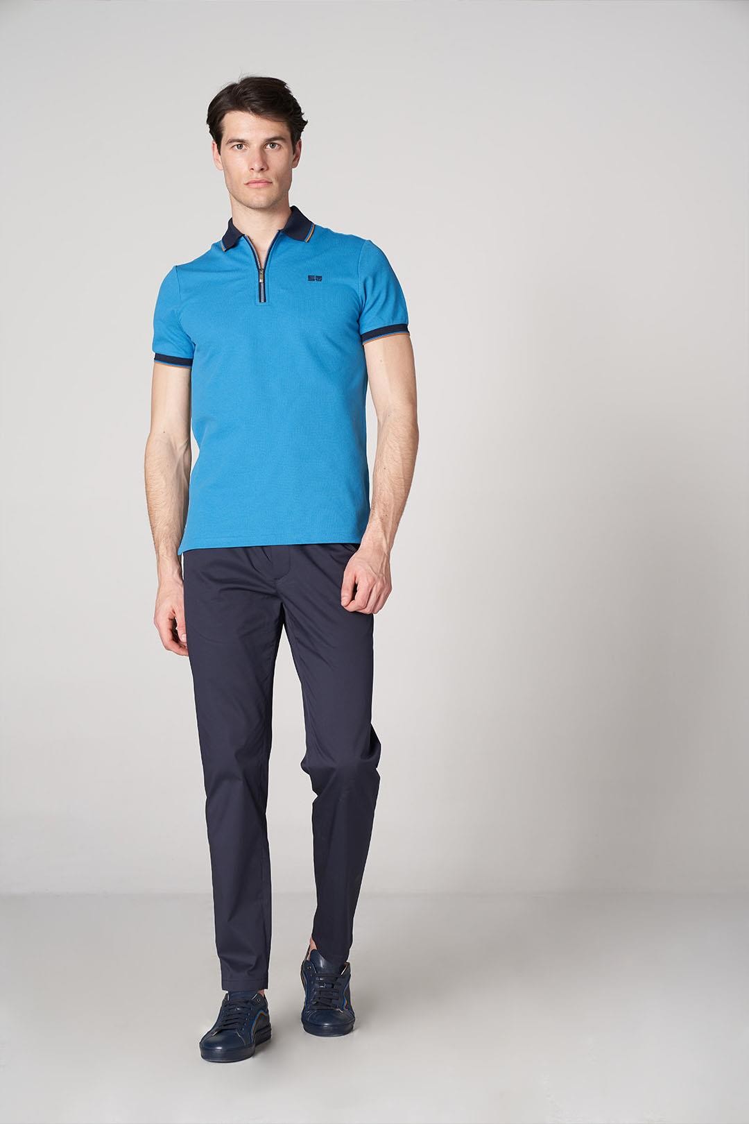Woven Pants with Belt Monogram Detail - Navy Blue