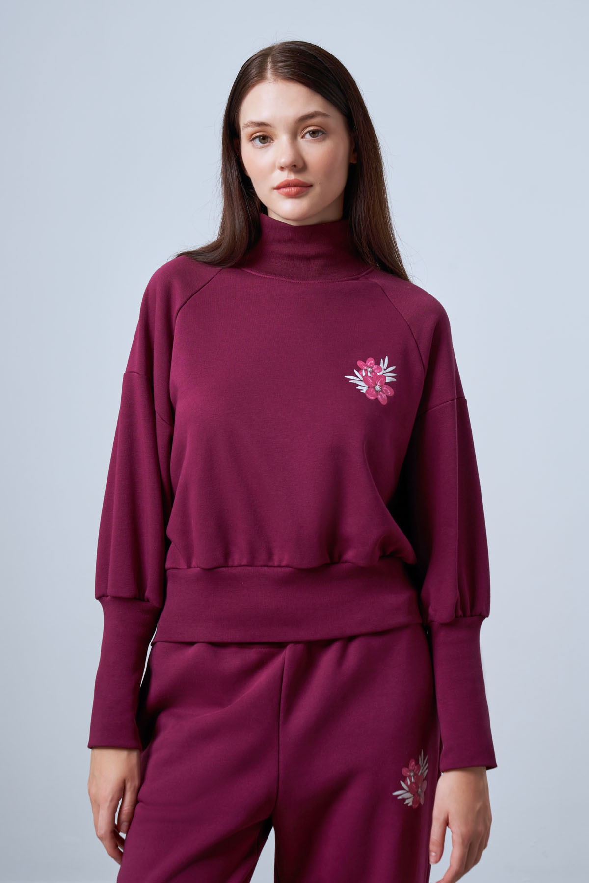 Women's Turtleneck Sweatshirt with Floral Print Details