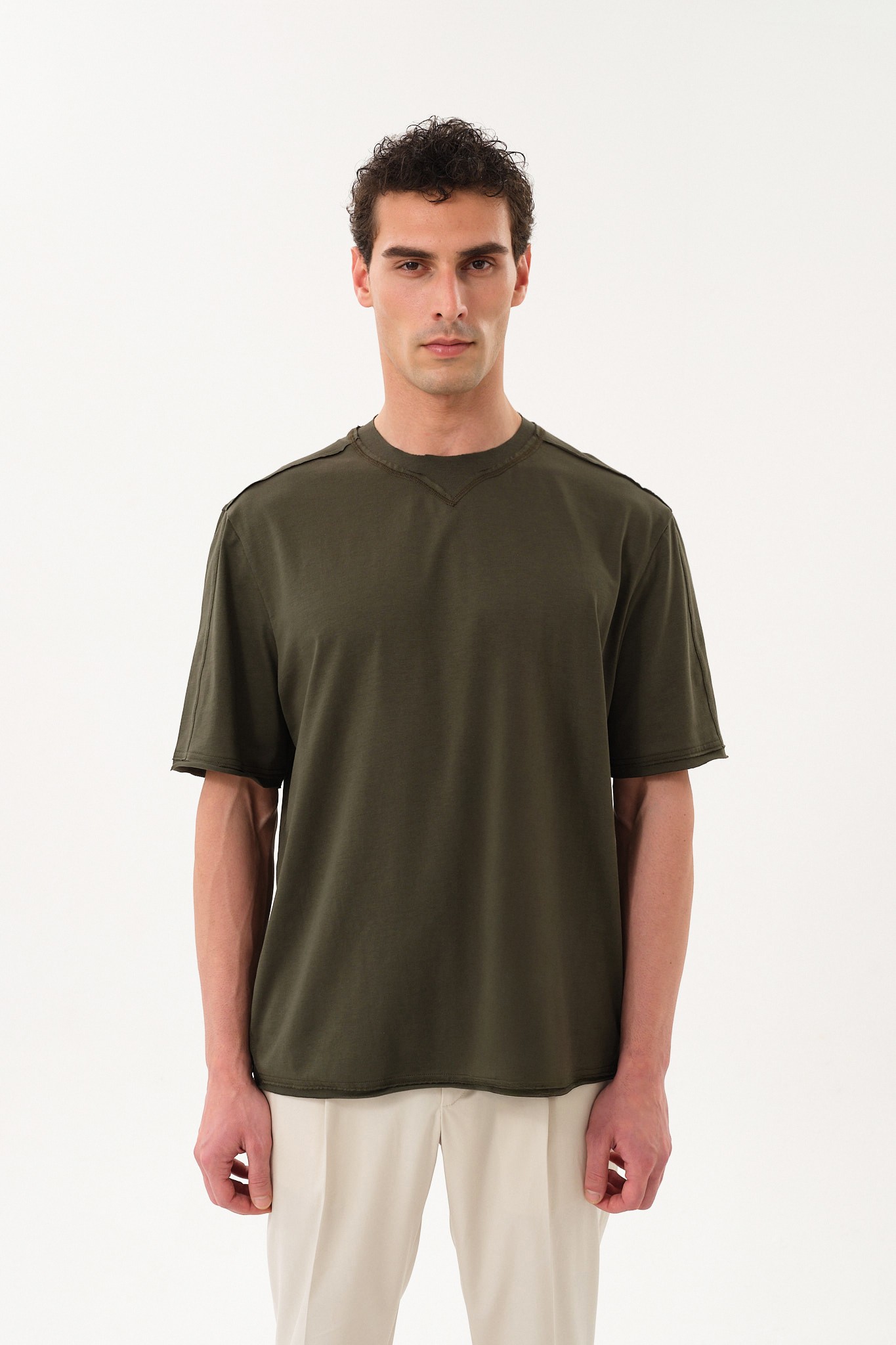 Eskitme Detaylı Erkek Oversize Bisiklet Yaka T-Shirt - Khaki