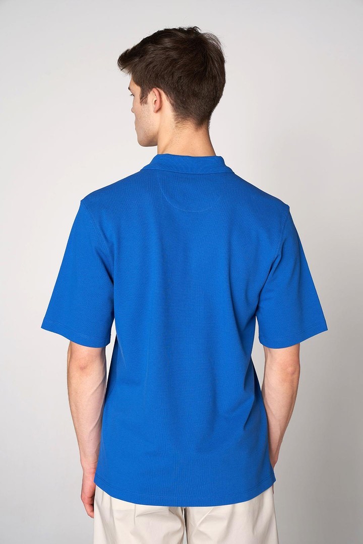 Polo Yaka Düğmeli Oversize Erkek Pamuk T-shirt - Koyu Mavi