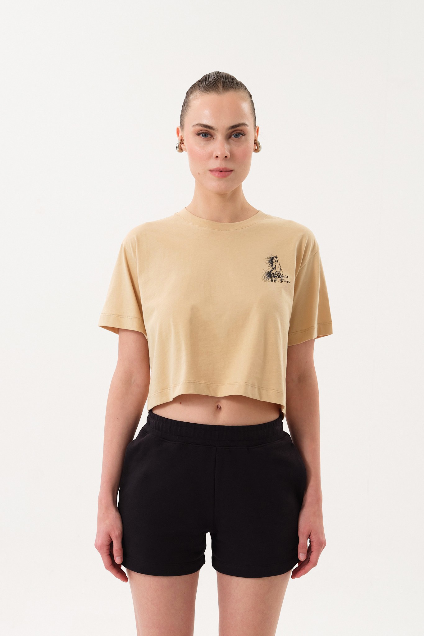 Kadın Crop Baskılı Bisiklet Yaka T-Shirt - Beige