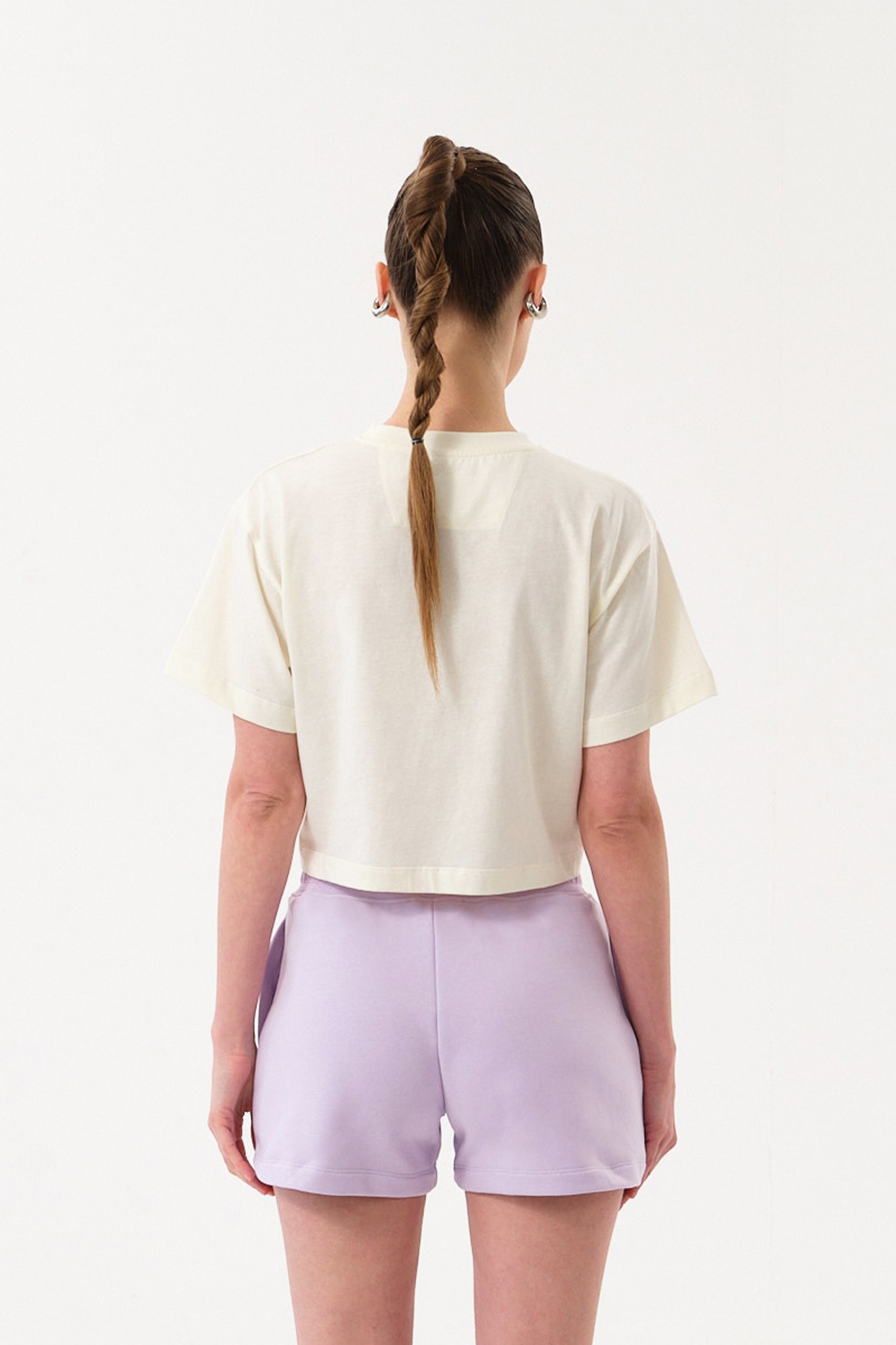 Bisiklet Yaka Kadın Crop T-Shirt - Ekru