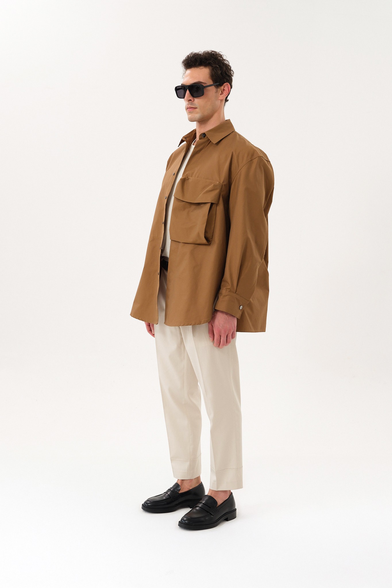 Snap Button Oversized Shirt Jacket with Pocket Detail - Camel