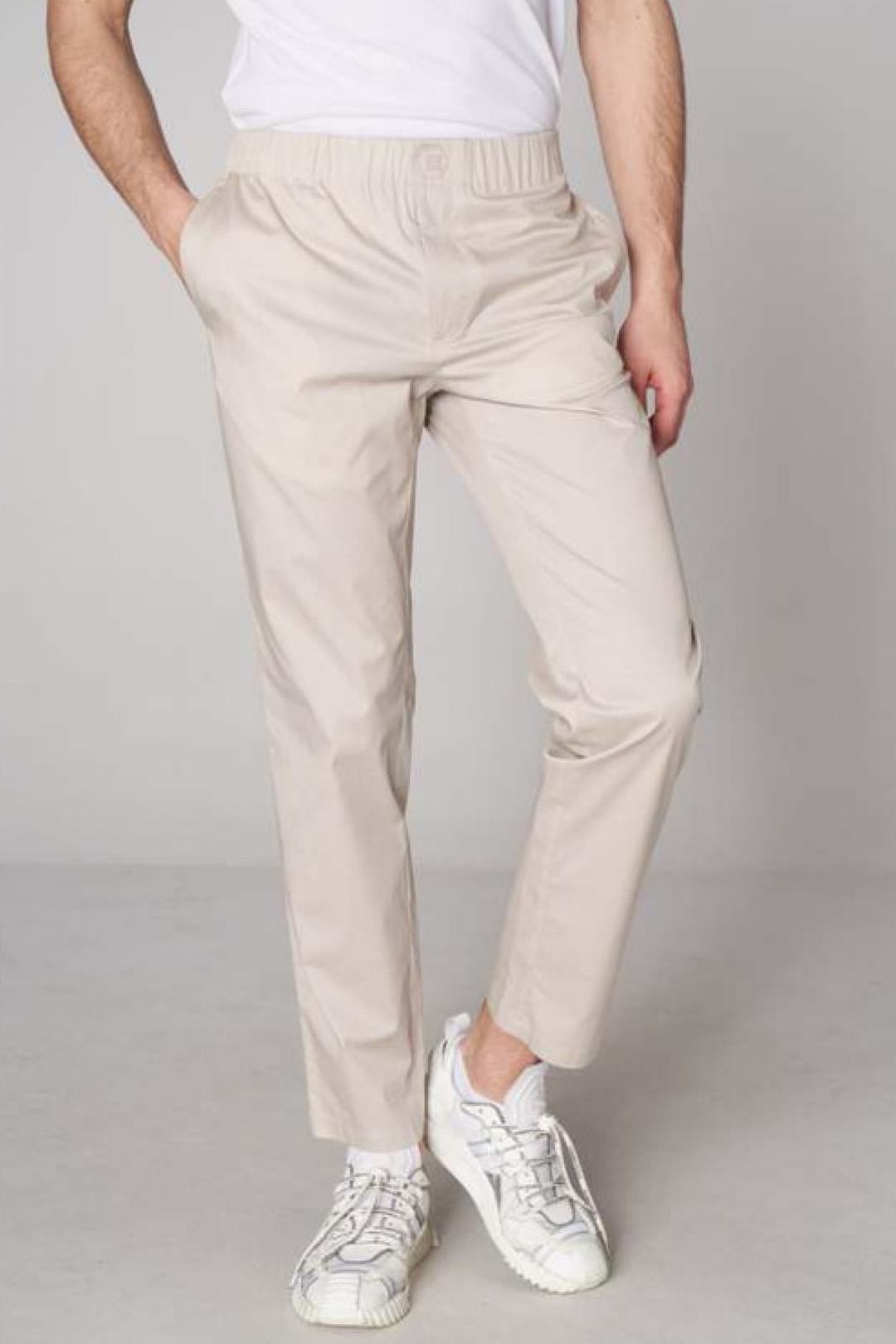 Woven Pants with Belt Monogram Detail - Beige