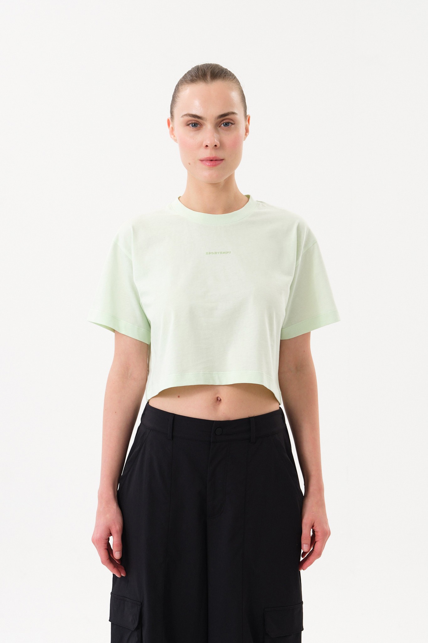 Bisiklet Yaka Kadın Crop T-Shirt - Yeşil