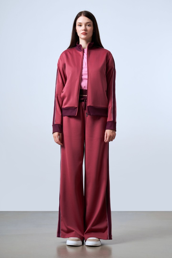 Women's Stand Collar Cardigan with Knit Stripe Details
