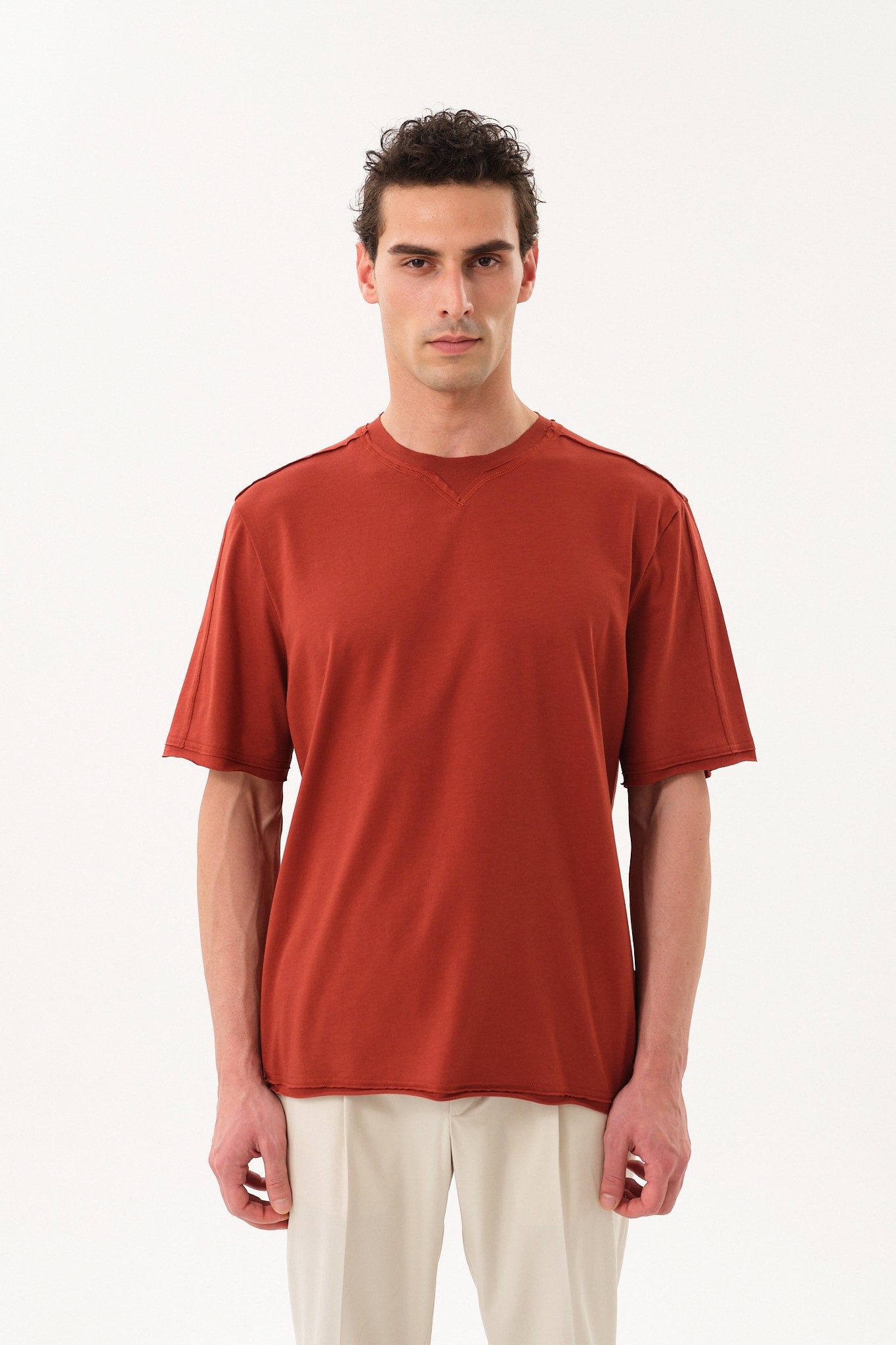 Eskitme Detaylı Erkek Oversize Bisiklet Yaka T-Shirt - Kiremit