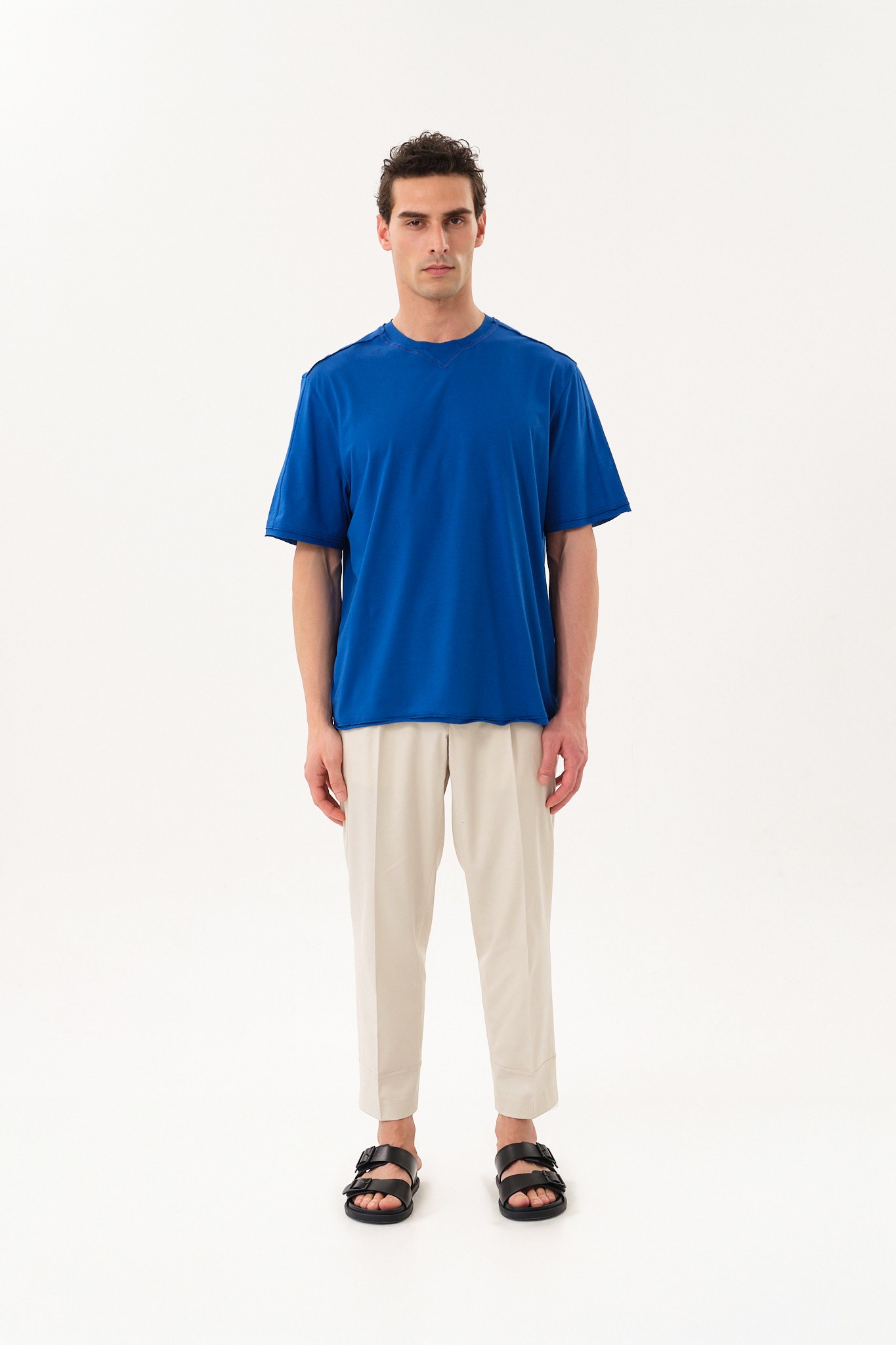 Eskitme Detaylı Erkek Oversize Bisiklet Yaka T-Shirt - Saks