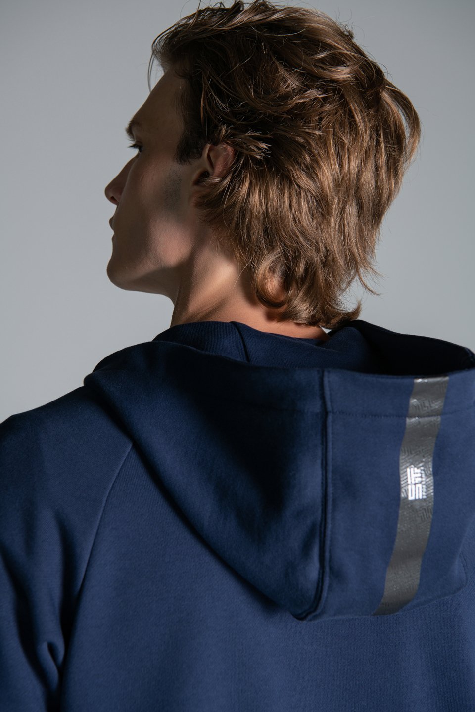 Monogram Şerit  Baskı Detaylı Fermuarlı Kapüşonlu Sweatshirt - Navy Blue