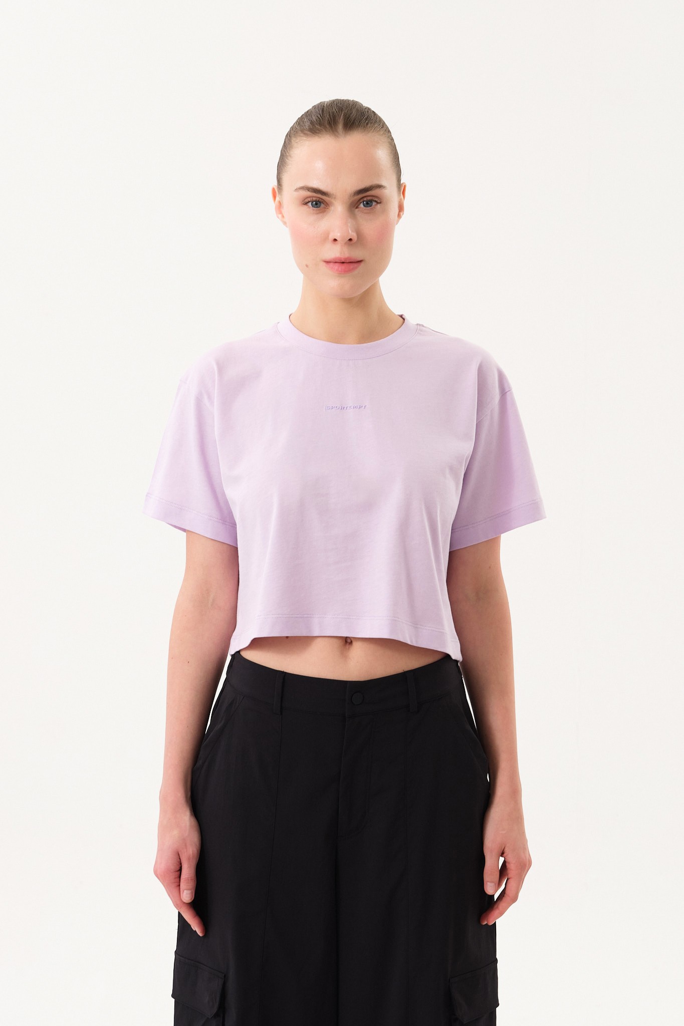 Bisiklet Yaka Kadın Crop T-Shirt - LİLA