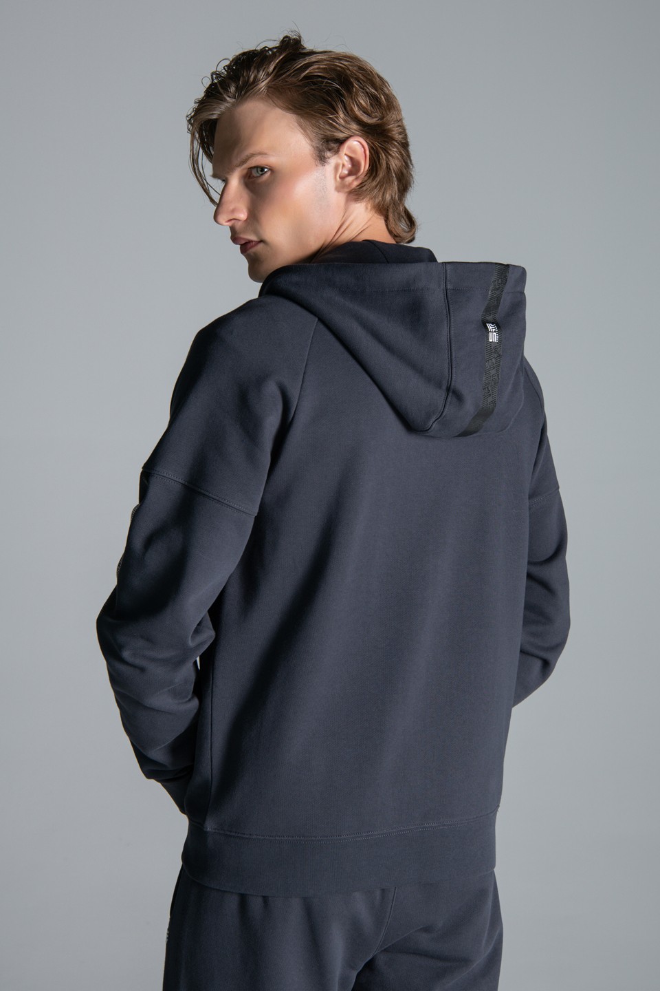 Monogram Şerit  Baskı Detaylı Fermuarlı Kapüşonlu Sweatshirt - Gray