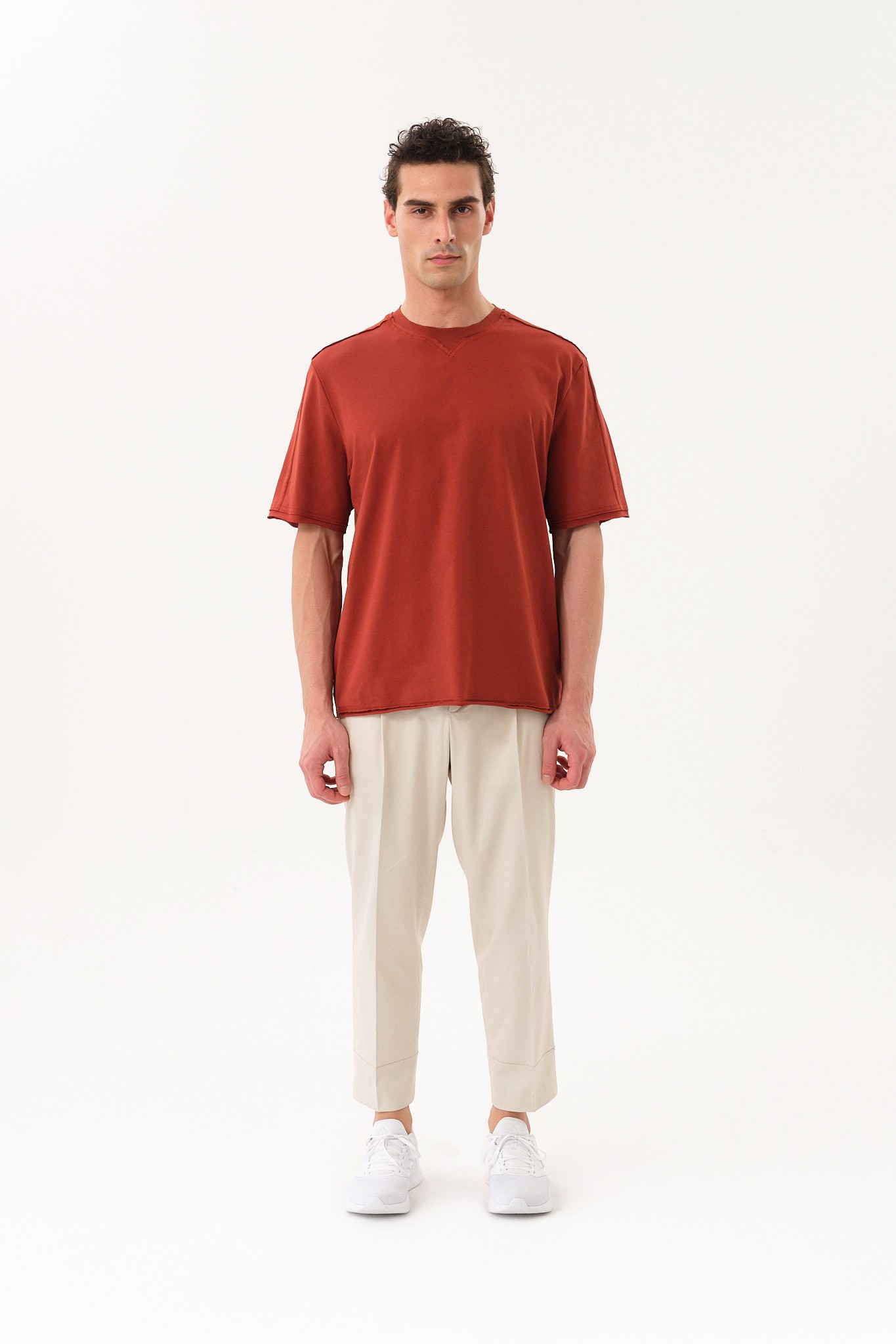 Pis Kenarlı Oversize Bisiklet Yaka T-shirt - Kiremit