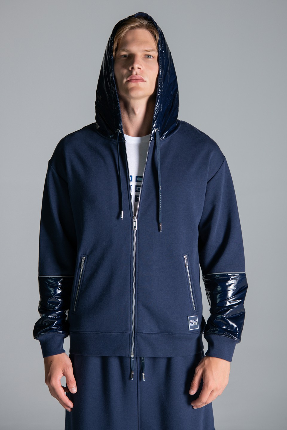 Parlak Dokuma Kumaş Detaylı FermuarlıI Kapüşon Sweatshirt - Navy Blue