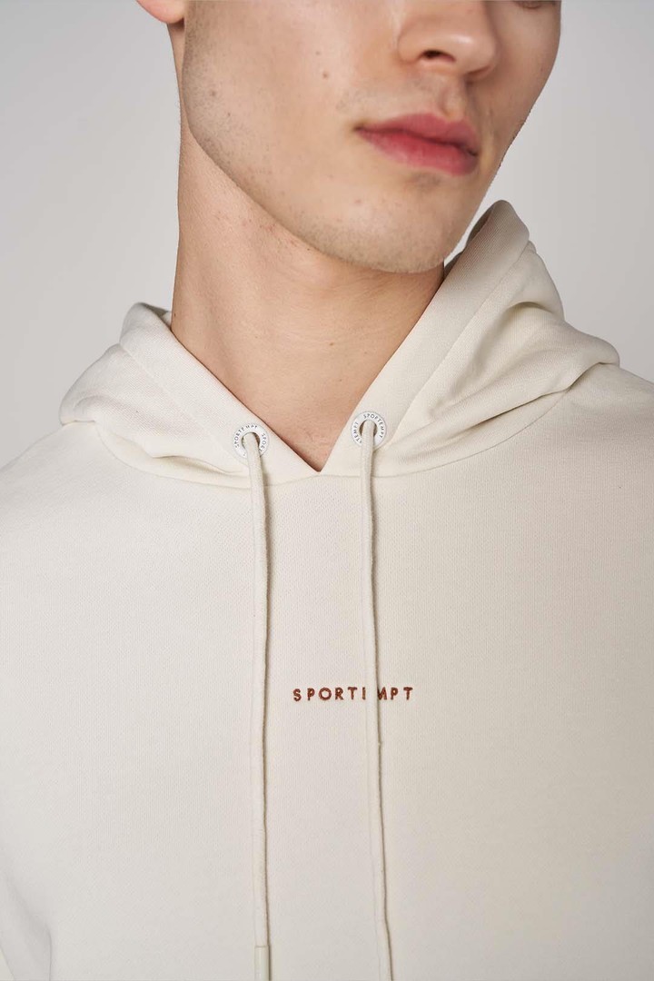 Ön Sportempt Nakış Detaylı Oversized Kapüşonlu Sweatshirt - Ekru