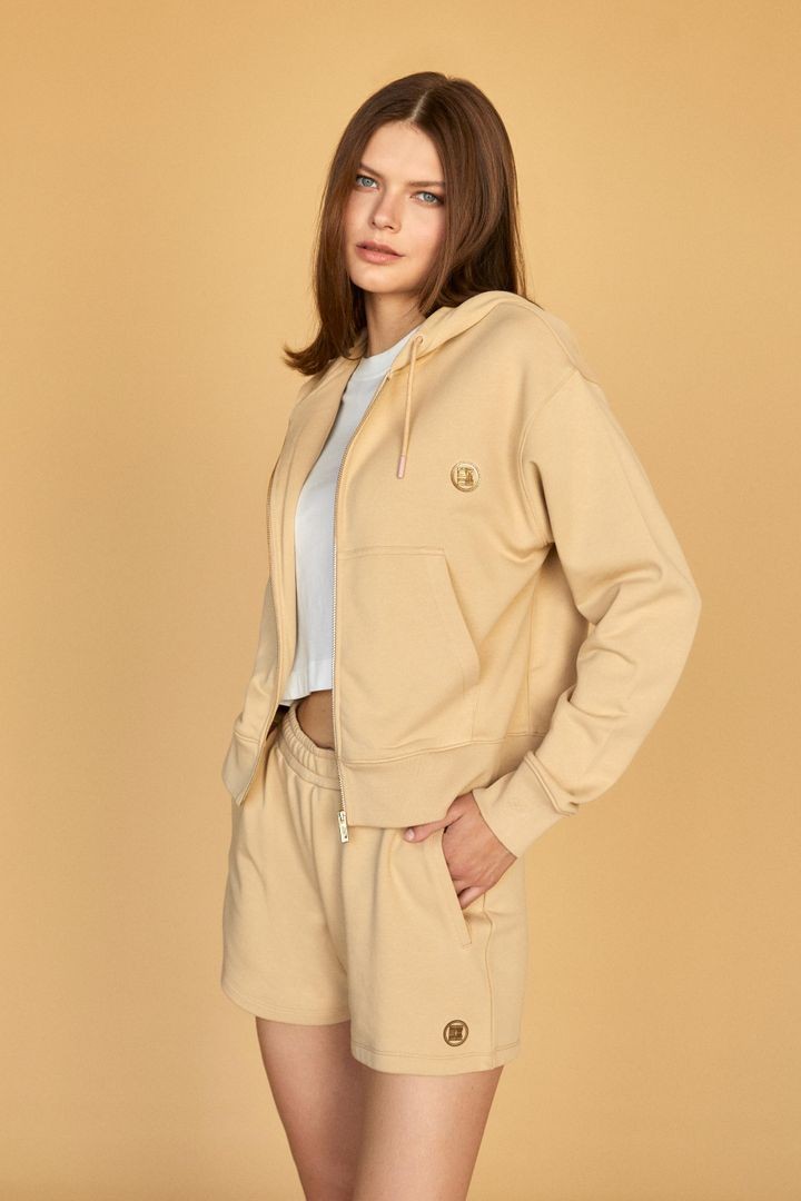 Gold Arma Baskılı Modern Fit Yumuşak Dokulu Fermuarlı Kapüşonlu Hırka