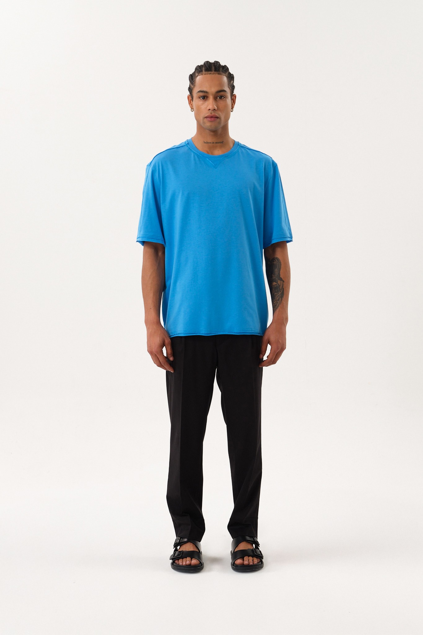 Eskitme Detaylı Erkek Oversize Bisiklet Yaka T-Shirt - Mavi