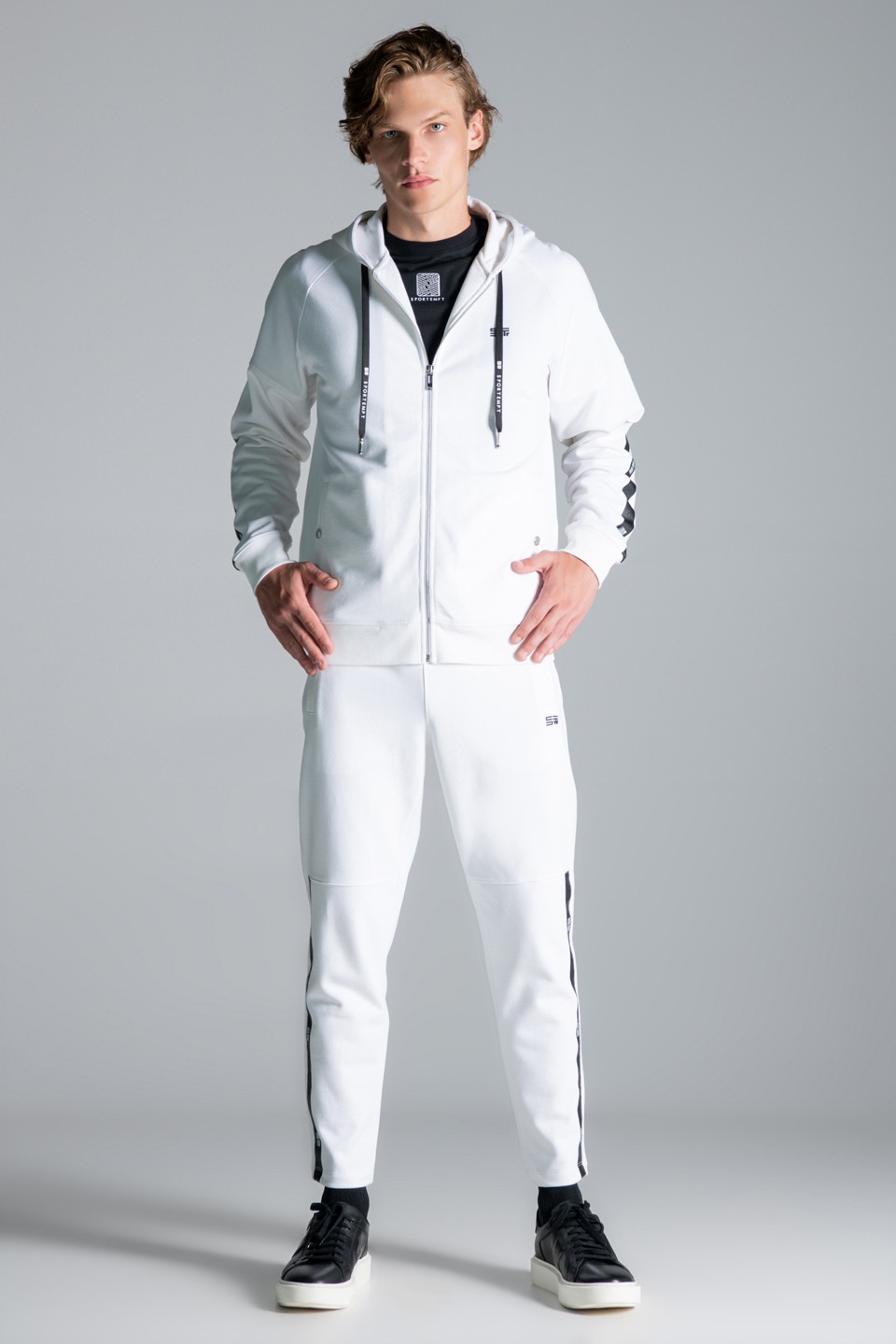 Monogram Şerit  Baskı Detaylı Fermuarlı Kapüşonlu Sweatshirt - White