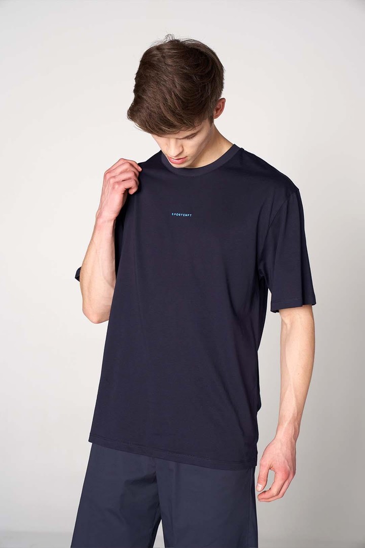 Ön Sportempt Nakış Detaylı Oversized Tişört - Lacivert