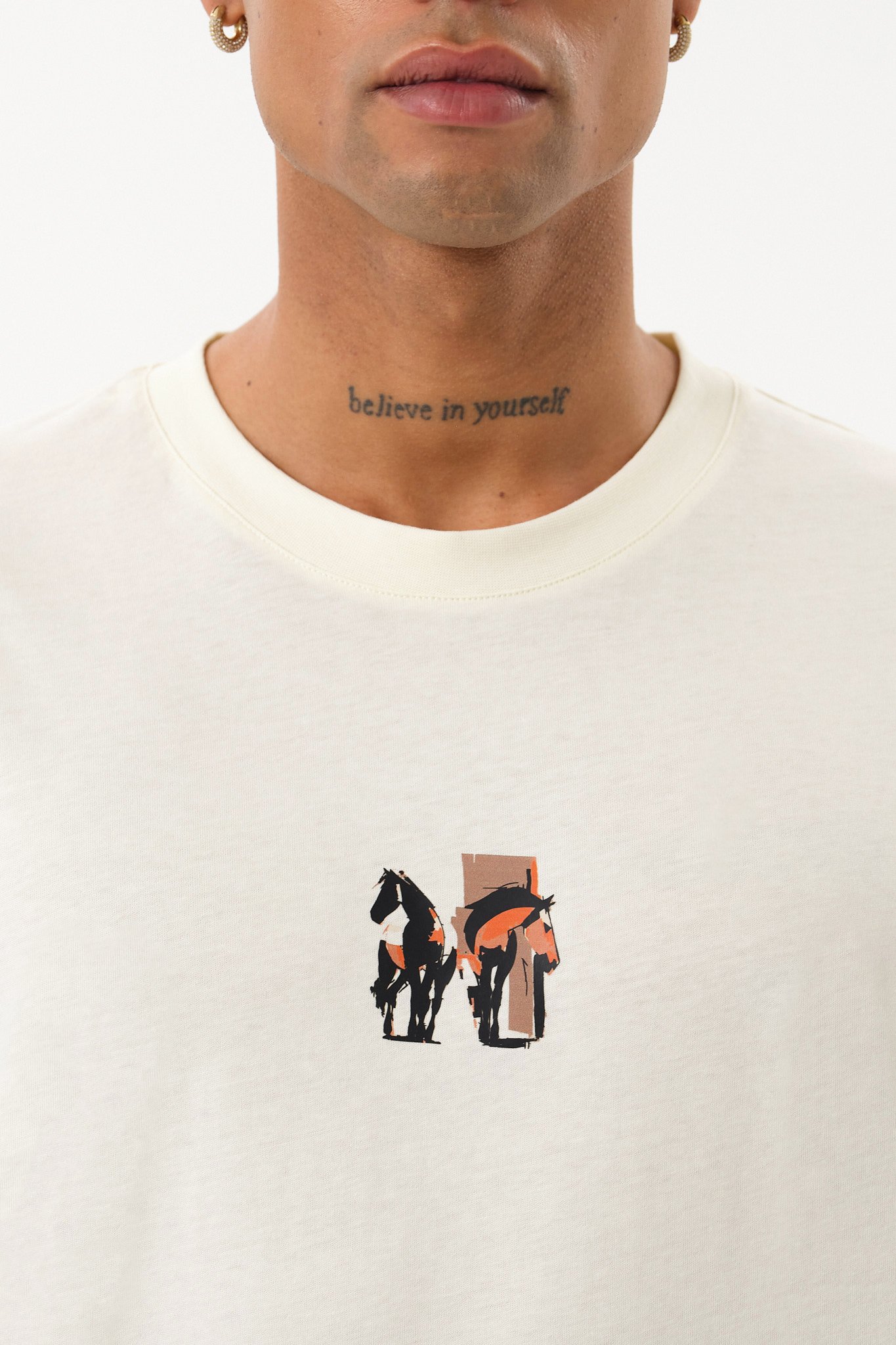 Grafik Baskı Detaylı Erkek Oversize T-Shirt - Ecru