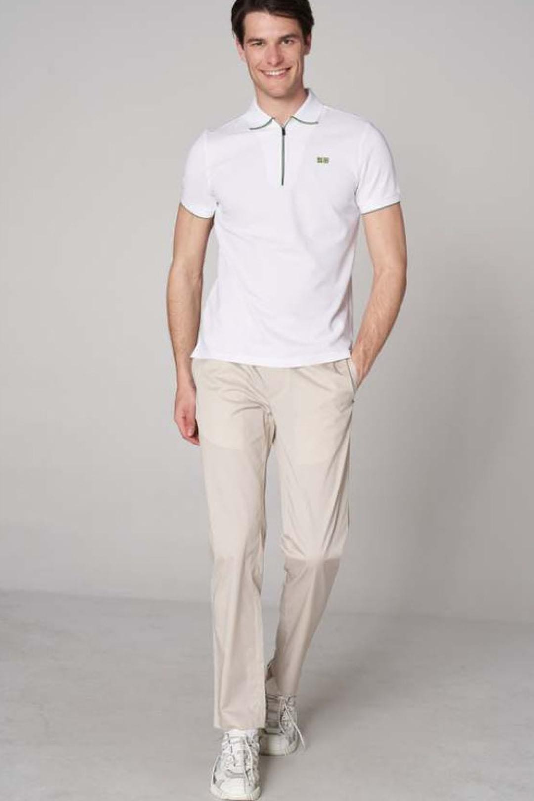 Woven Pants with Belt Monogram Detail - Beige