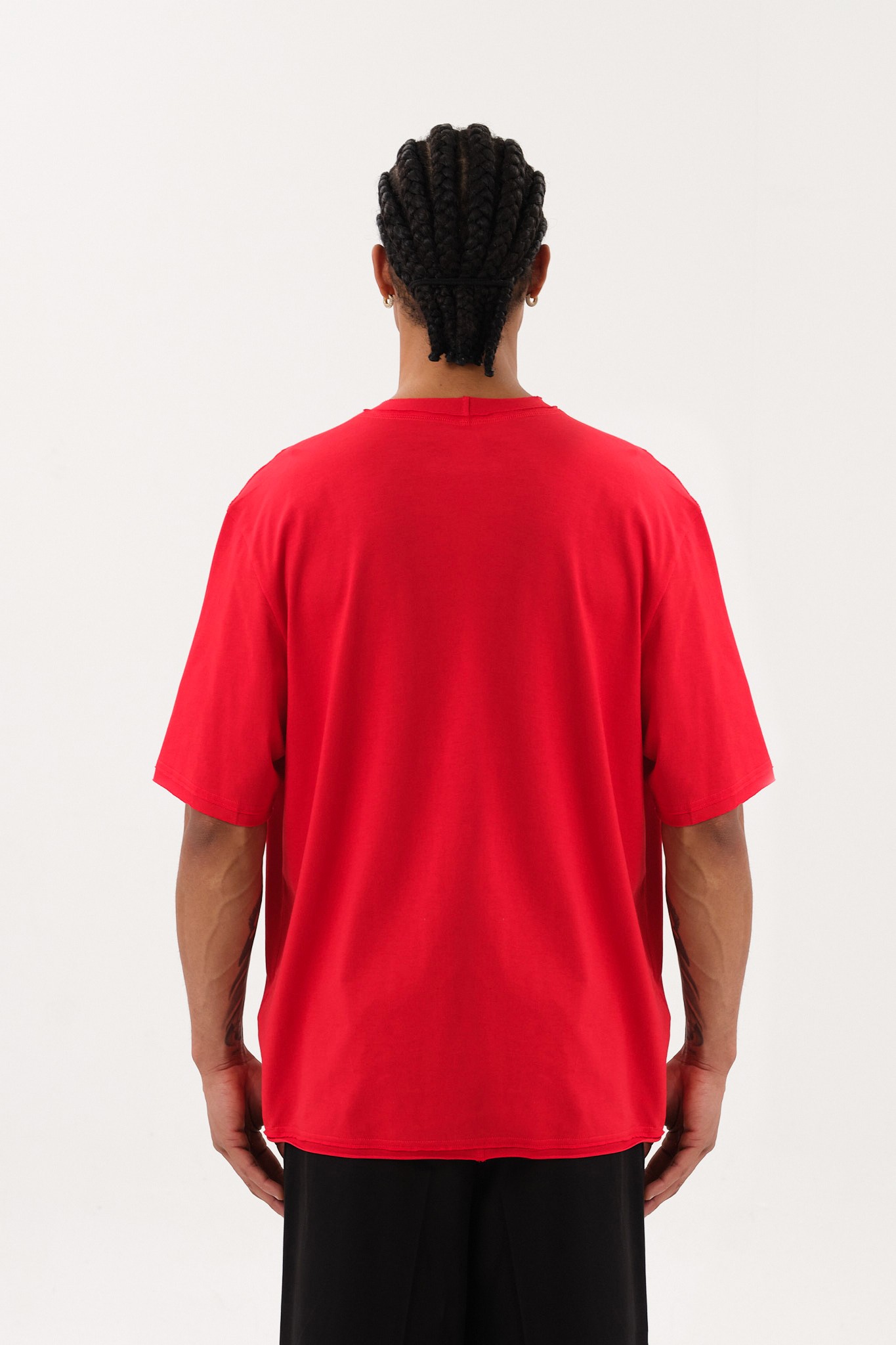 Eskitme Detaylı Erkek Oversize Bisiklet Yaka T-Shirt - Red